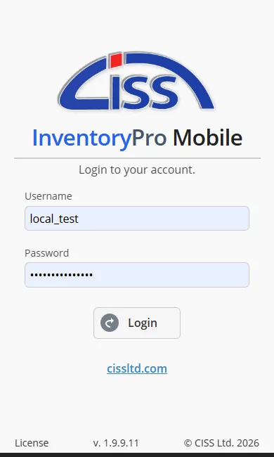 Mobile login screen with username, password, and warehouse selection for secure field authentication